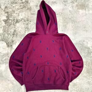 Polo Ralph Lauren Burgundy Pony All Over Pullover Hoodie Rare Size M AOP red